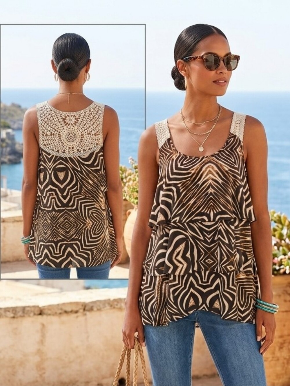 Madison Crochet Yoke Zebra Print Layered Tank Top Medium